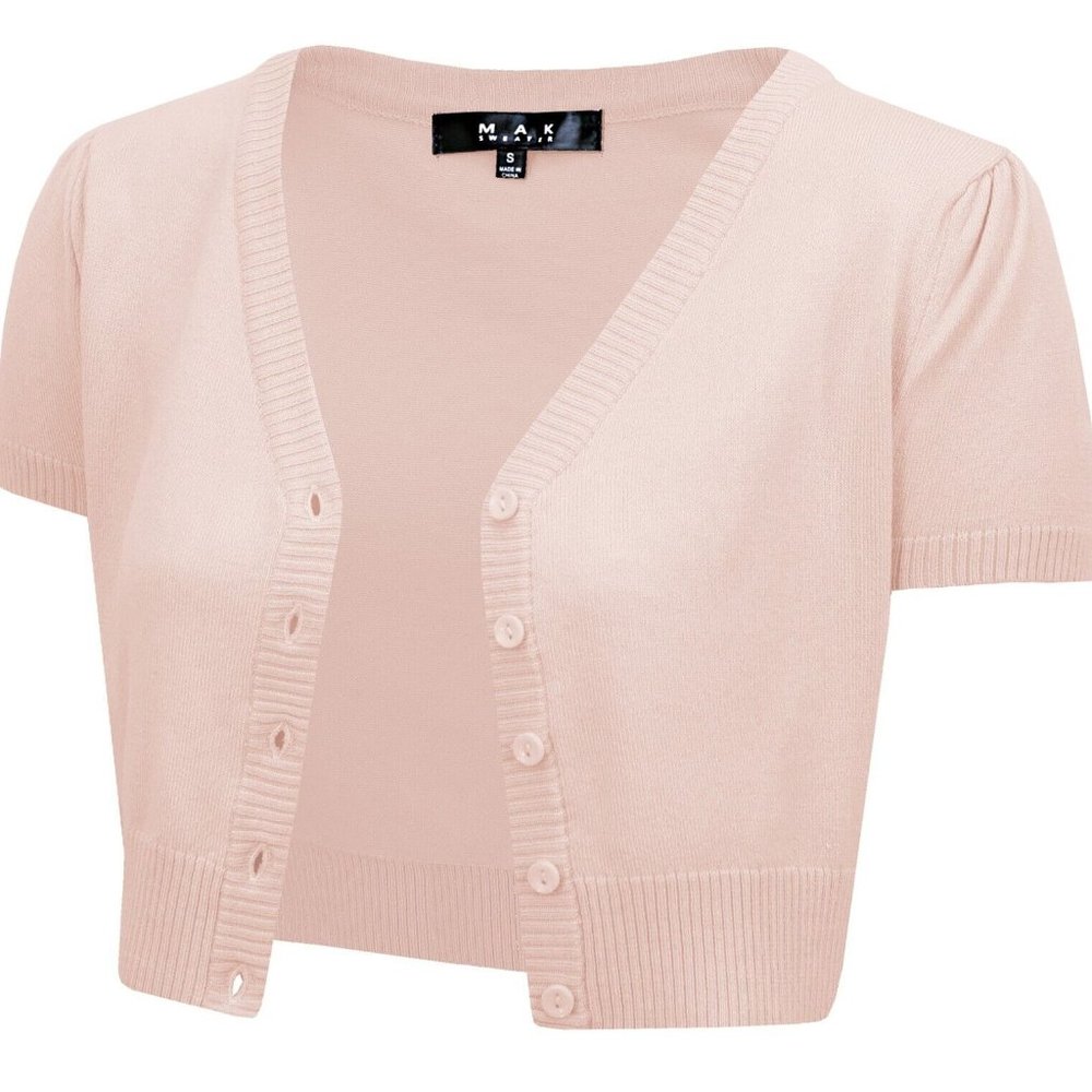 YEMAK Women's Cropped Bolero Cap Sleeve Button-Down Cardigan Sweater